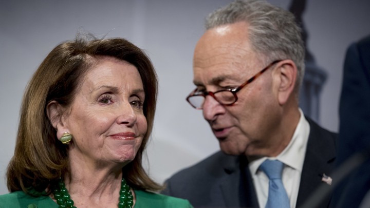 Rep. Nancy Pelosi of California (left) and Sen. Charles Schumer
of New York (right) hold a press conference advocating for net
neutrality in May 2018. (AP Photo)